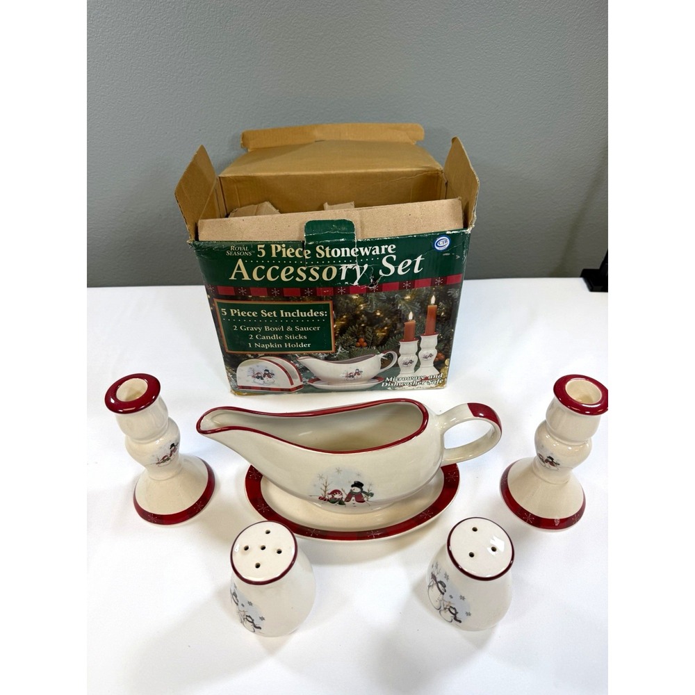 Royal Seasons Snowman Stoneware 5pc Holiday Serving Set Gravy Boat Shakers Boxed